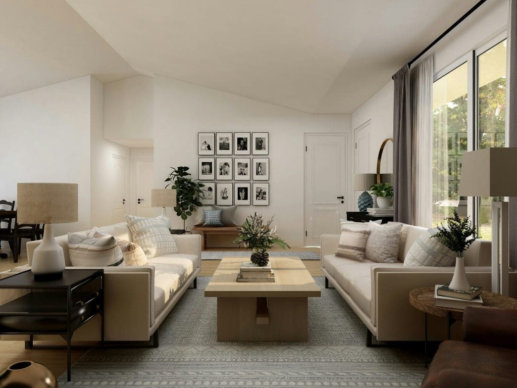 Striking view of a spacious living room with two couches and high ceilings in Burson Home Advisors' lease to own home in Raleigh, NC
