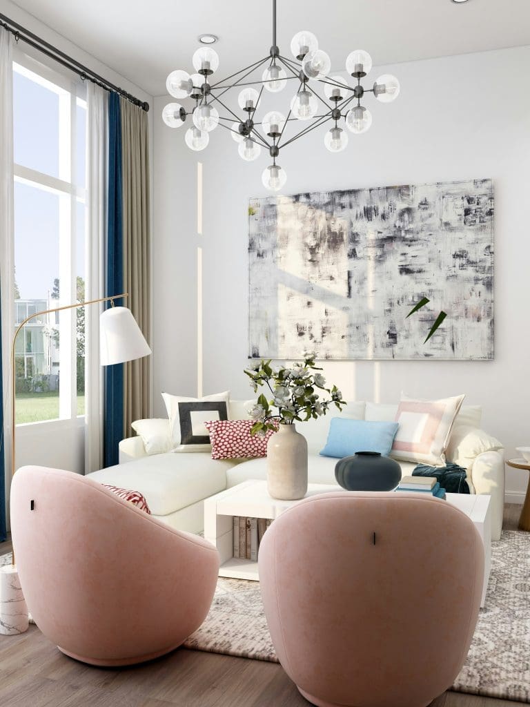 Modern lease to own townhome's living room highlight a modern globe light fixture in Raleigh, NC