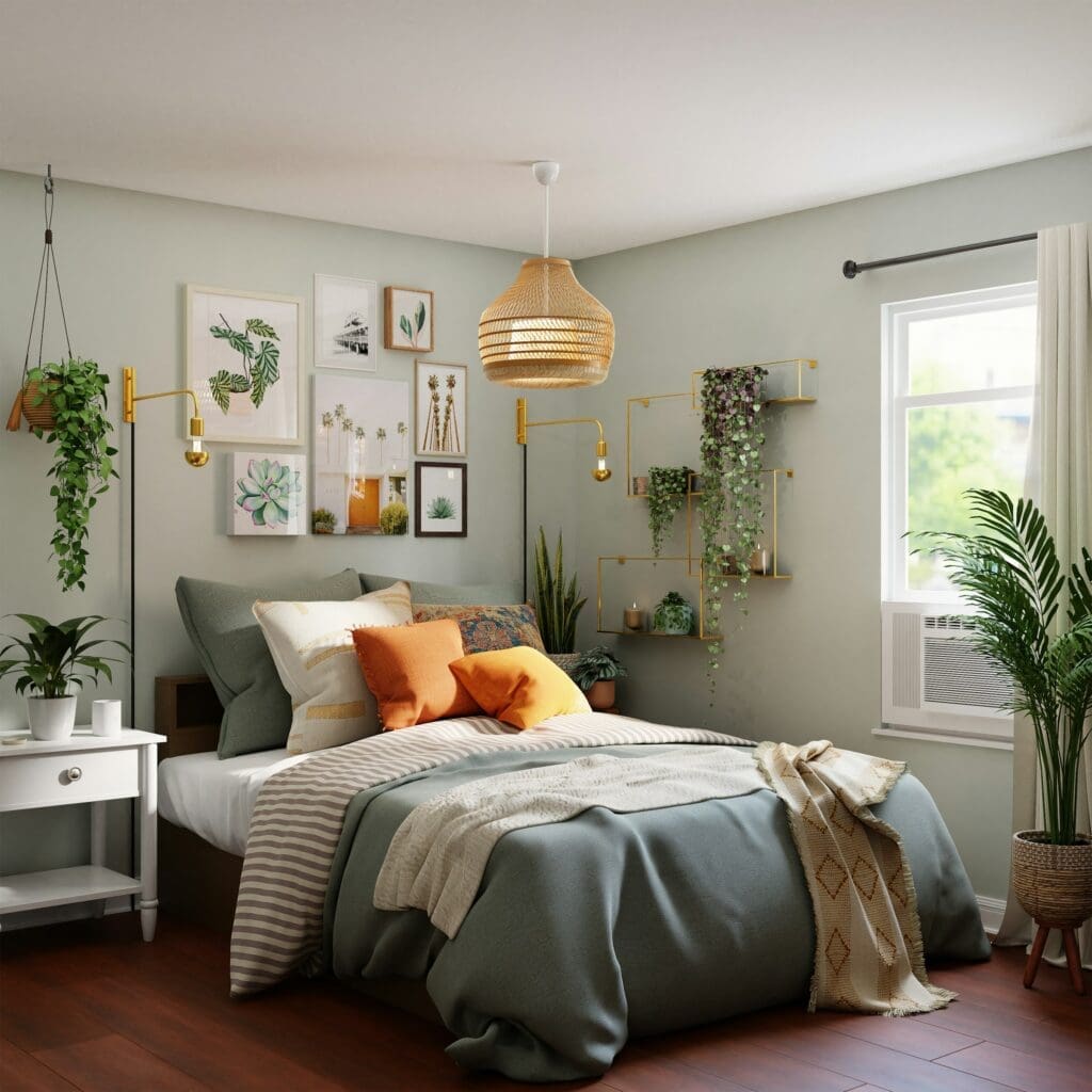 Lease to Own Greensboro master bedroom with warm lightning and green deco.