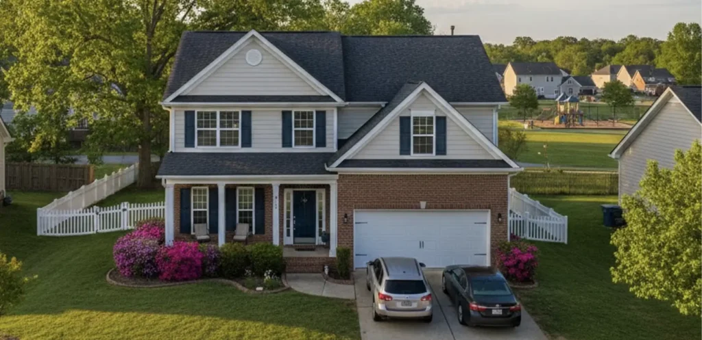 Two-story suburban lease to own home in Charlotte, NC with red brick, beige siding, and a white picket fence at sunset.