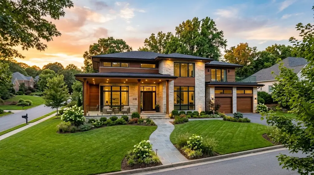 Modern front exterior of a lease to own home in North Carolina at golden hour, representing careful evaluation of risks and benefits