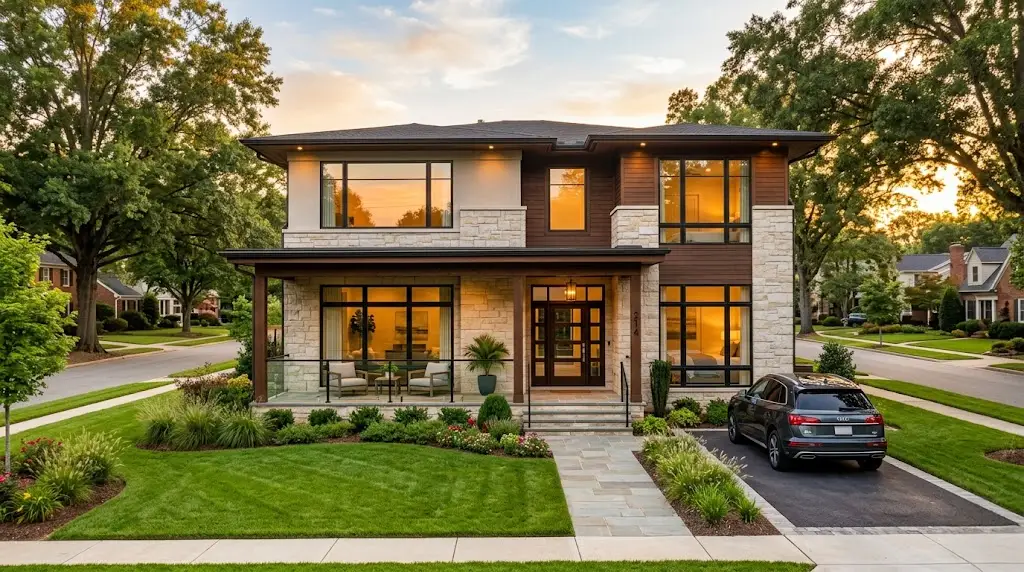 Modern front exterior of a lease to own home in Raleigh or Greensboro, representing a strategic path to homeownership