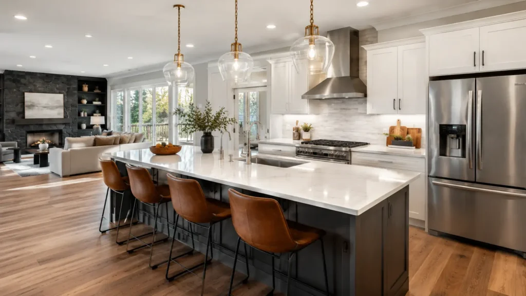Bright modern kitchen interior in a lease to own home, symbolizing financial independence and stability for self-employed professionals