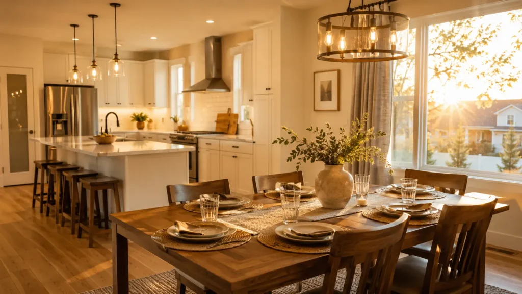 Bright kitchen and dining area of a lease to own home in North Carolina, representing stability and new beginnings after divorce
