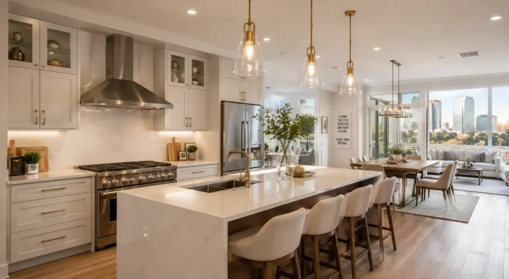 Upscale open-concept kitchen in a luxury rent to own Charlotte home, representing elevated living through Burson Home Advisors' lease to own program