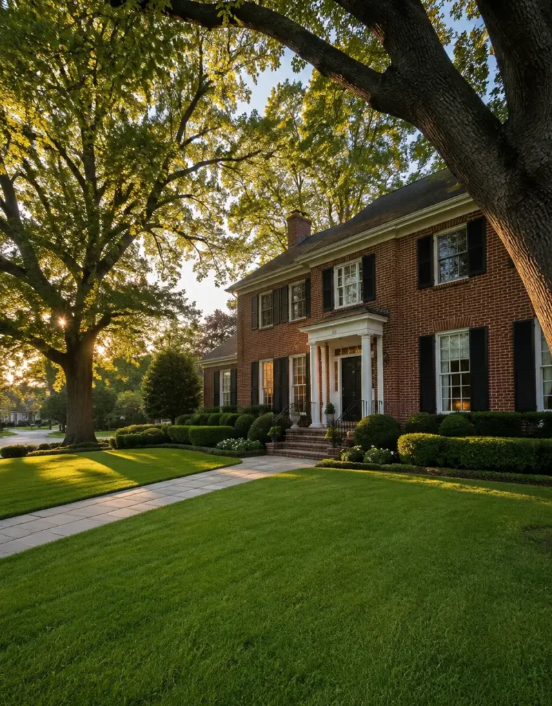 A well-maintained brick colonial home on a manicured lawn in Greensboro, NC — the neighborhoods where Burson Home Advisors helps families lease to own in the Triad