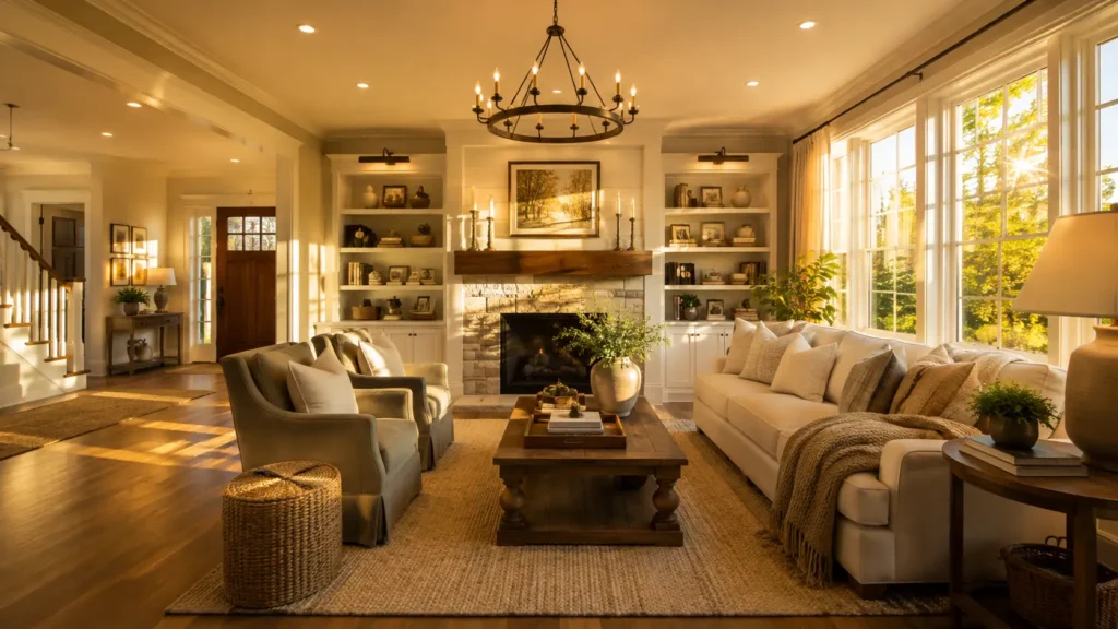 Warm sunlit living room of a family home in North Carolina, representing the joy of finding a forever home with Burson Home Advisors