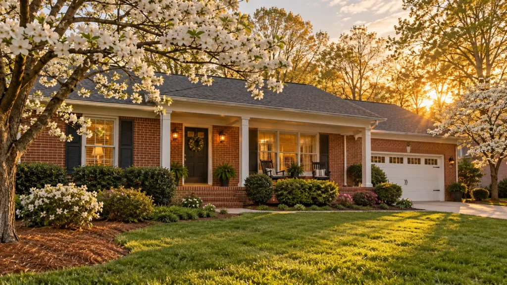 Brick ranch home in a Greensboro NC neighborhood at golden hour, illustrating how to buy a home in Greensboro with high interest rates