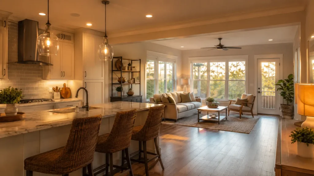 Bright open-concept kitchen in a Raleigh area lease to own home at golden hour, representing the homeownership options available through Burson Home Advisors