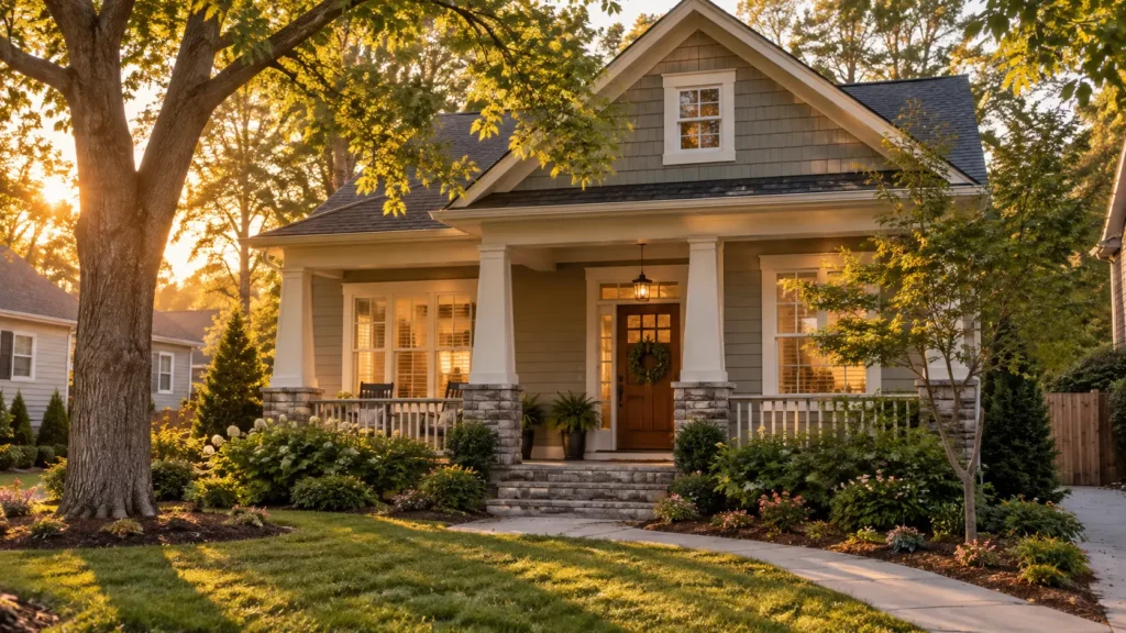 Charming craftsman home in Raleigh-Durham NC at golden hour, representing what becomes possible for the first time home buyer who finds down payment assistance through Burson Home Advisors