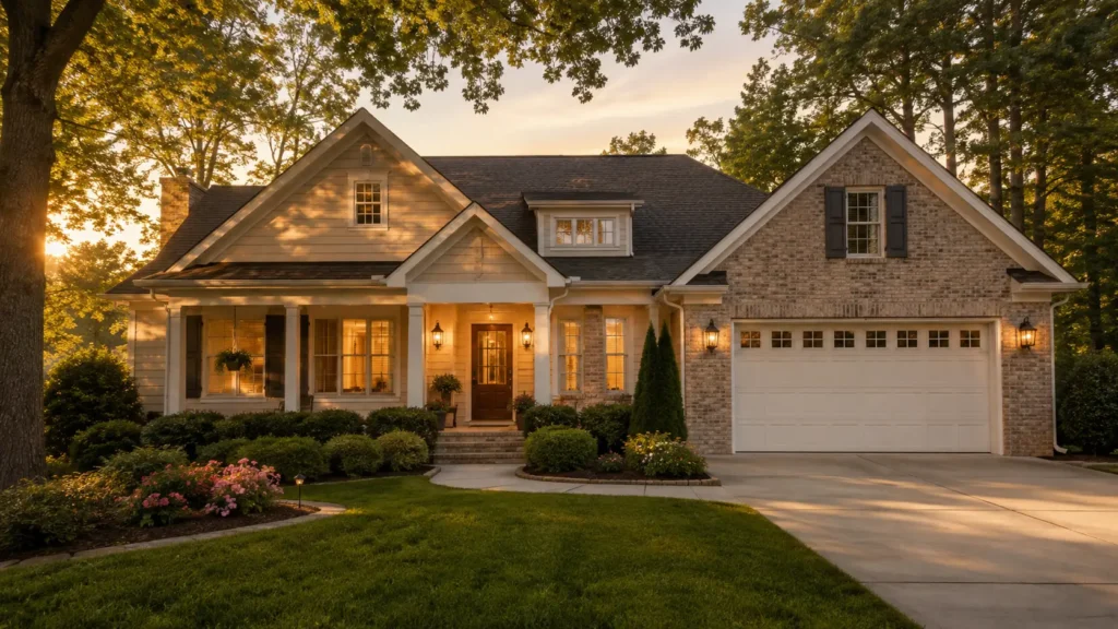 Front exterior of a lease to own home in Raleigh NC at golden hour, representing two homeownership pathways offered by Burson Home Advisors in the Triangle