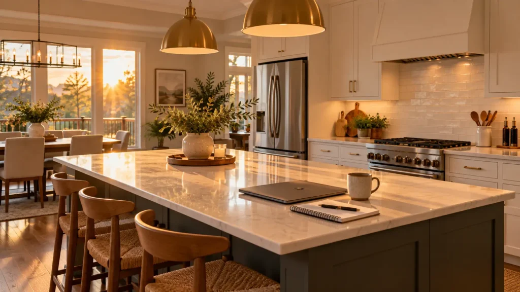 Kitchen island with laptop and notepad in a Raleigh home, representing families comparing mortgage payments and lease to own options while interest rates are high