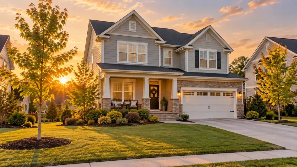 Median-priced family home in a Raleigh NC neighborhood at golden hour, illustrating how to buy a home in Raleigh with high interest rates