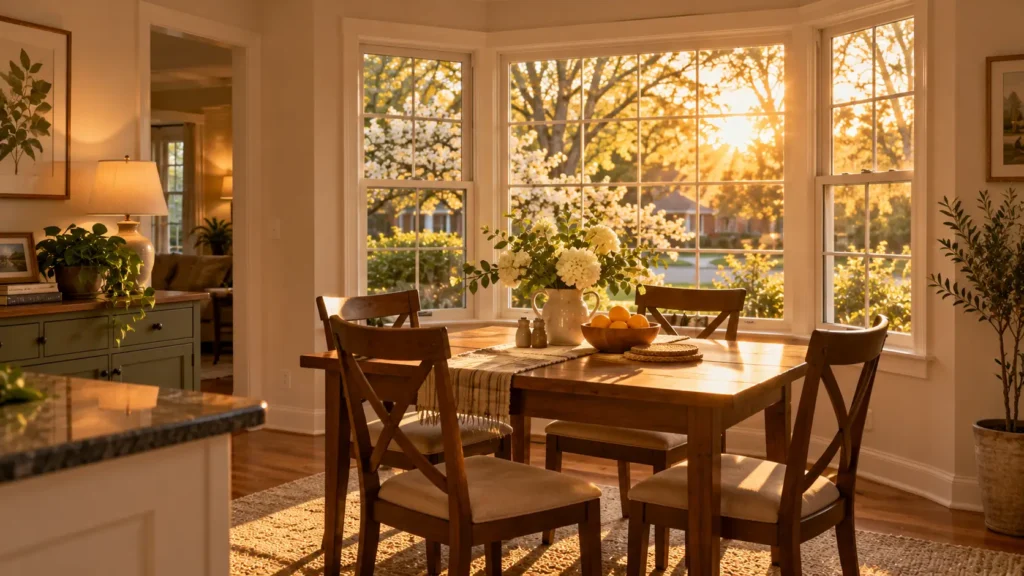 Sunlit dining nook in a Greensboro home, representing families comparing mortgage payments, zero-down options, and lease to own in Greensboro