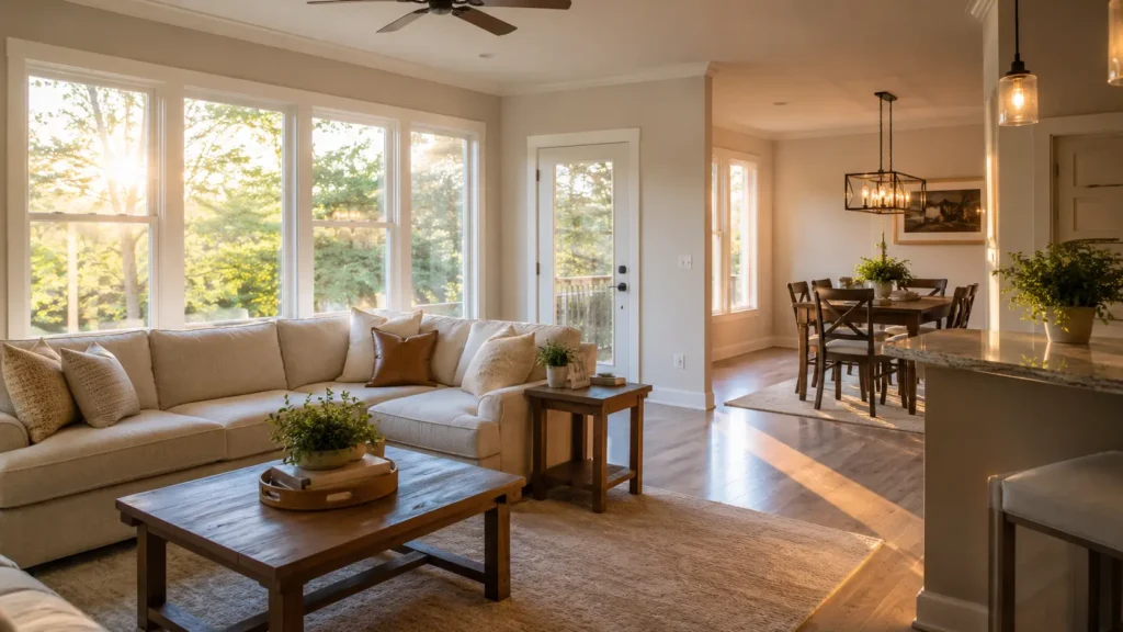 Sunlit open-concept living room interior of a Raleigh home, representing what families gain when they choose lease to own homeownership over traditional renting
