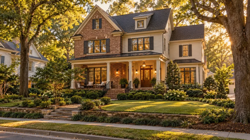Upscale lease to own homes Durham in a tree-lined Durham NC neighborhood at golden hour, for relocating professionals moving to the Triangle with Burson Home Advisors