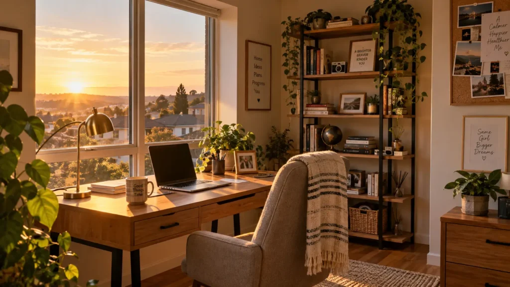 Warm sunlit home office interior representing the stability and ownership that first time home buyers in North Carolina gain through Burson Home Advisors lease to own and down payment assistance programs
