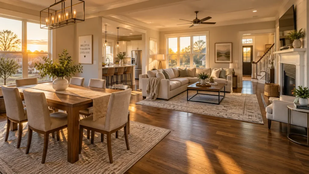 Warm sunlit open-concept living area in a Raleigh Triangle home, representing what a lease to own down payment and monthly rent actually buys in today's market